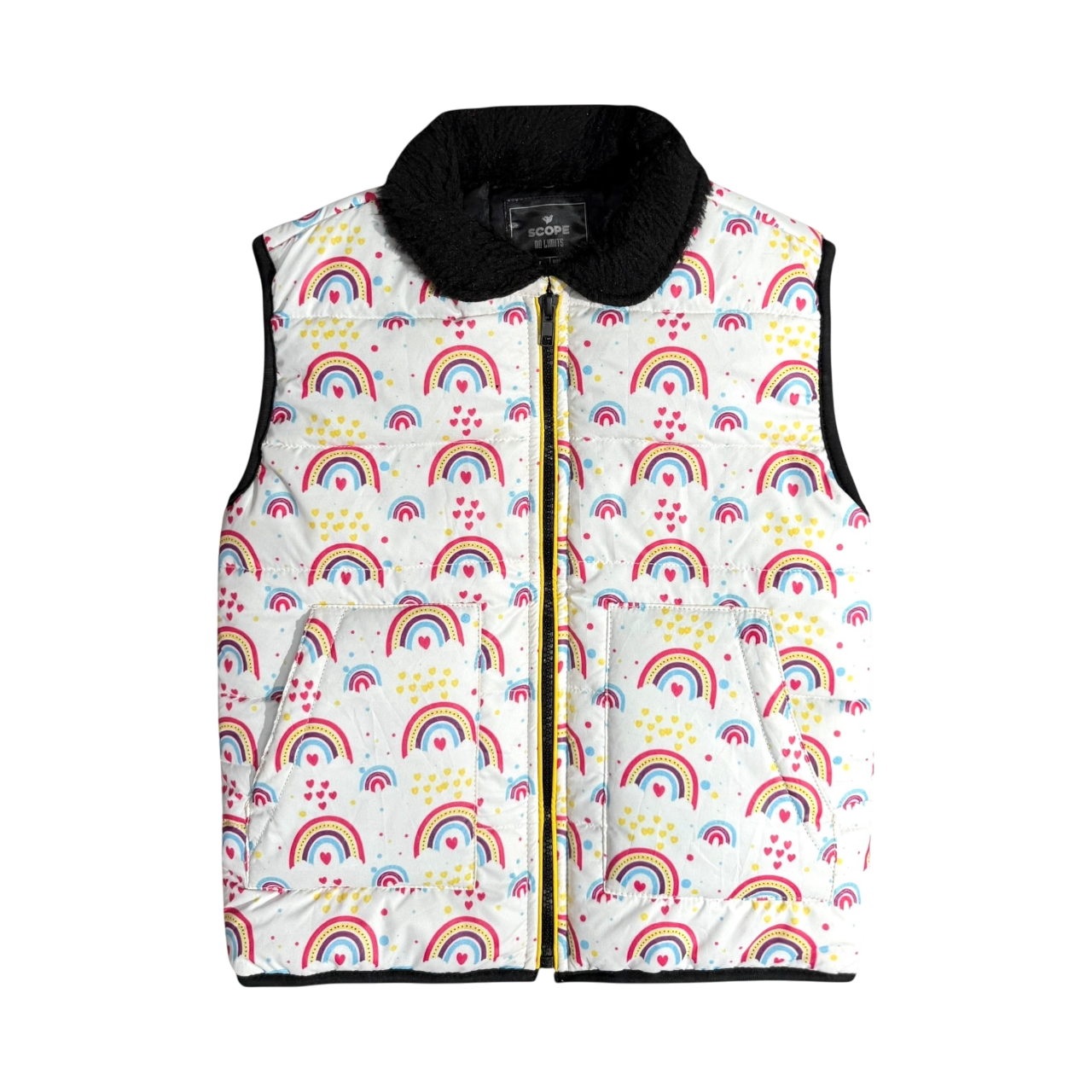 Rainbow Sleeveless Puffer Jacket with Fur on Collar